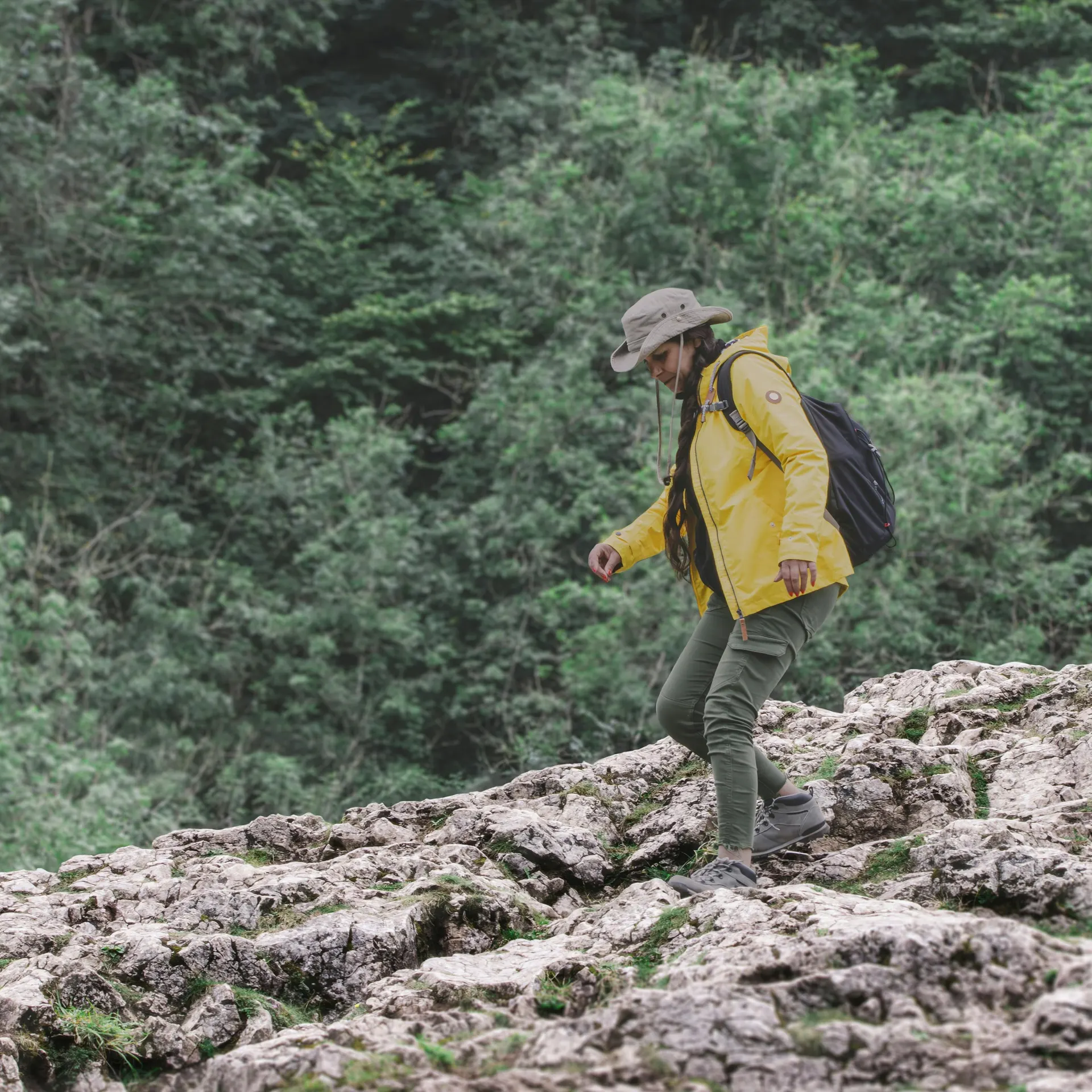Traveler checking a trail map beside a Malaysian rainforest path